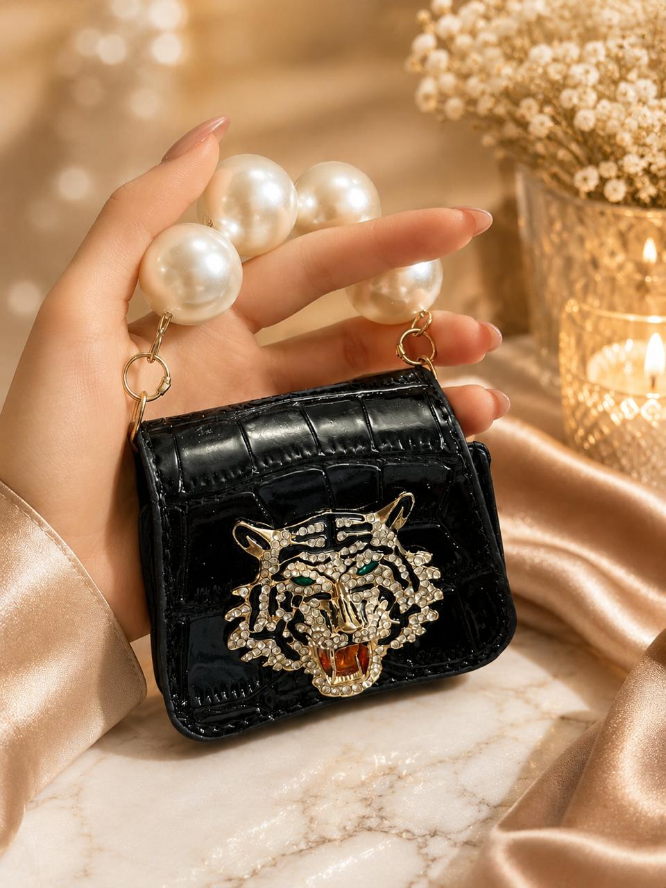 Luxury Crocodile Textured Mini Clutch with Pearl Handle – Black