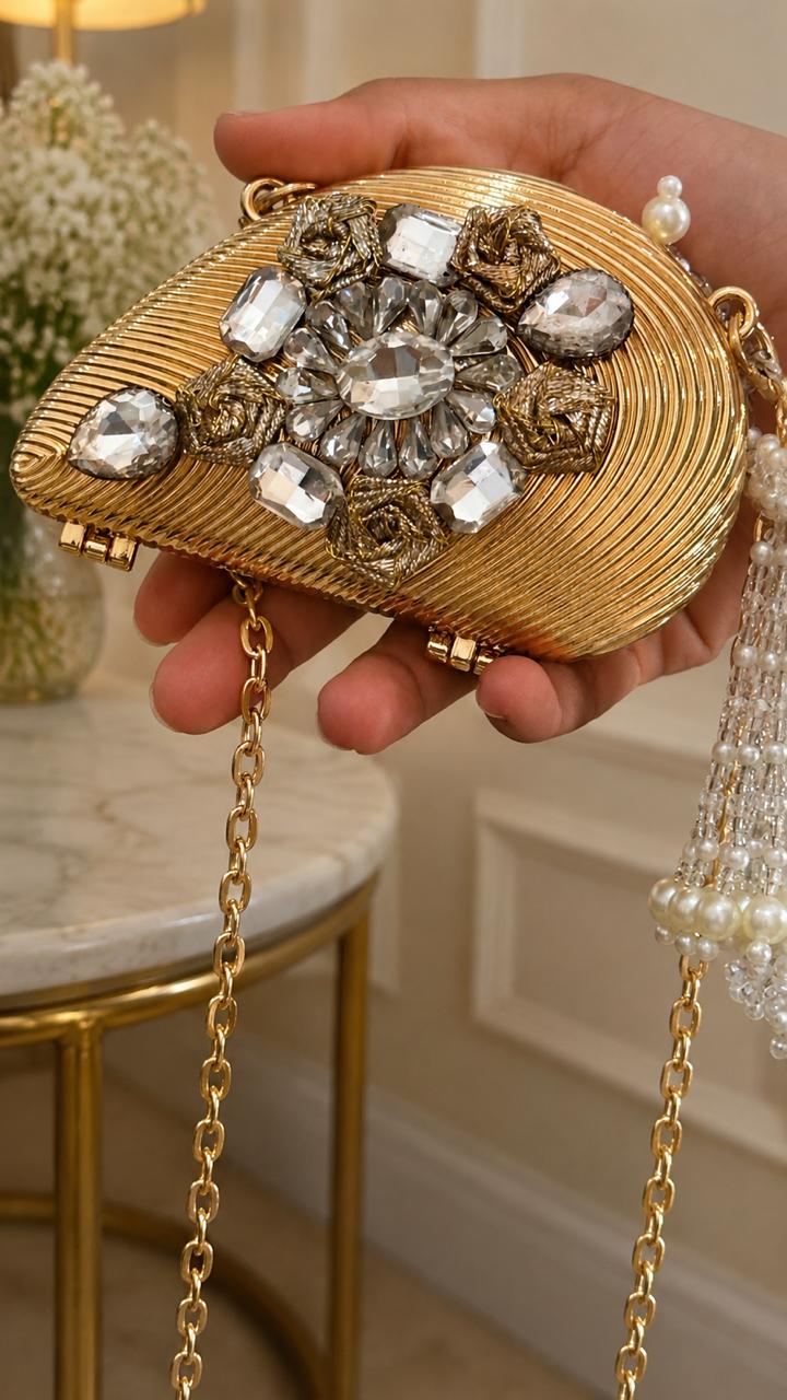 Aurora Royale Crystal Embellished Gold Evening Clutch Bag