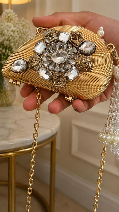 Aurora Royale Crystal Embellished Gold Evening Clutch Bag