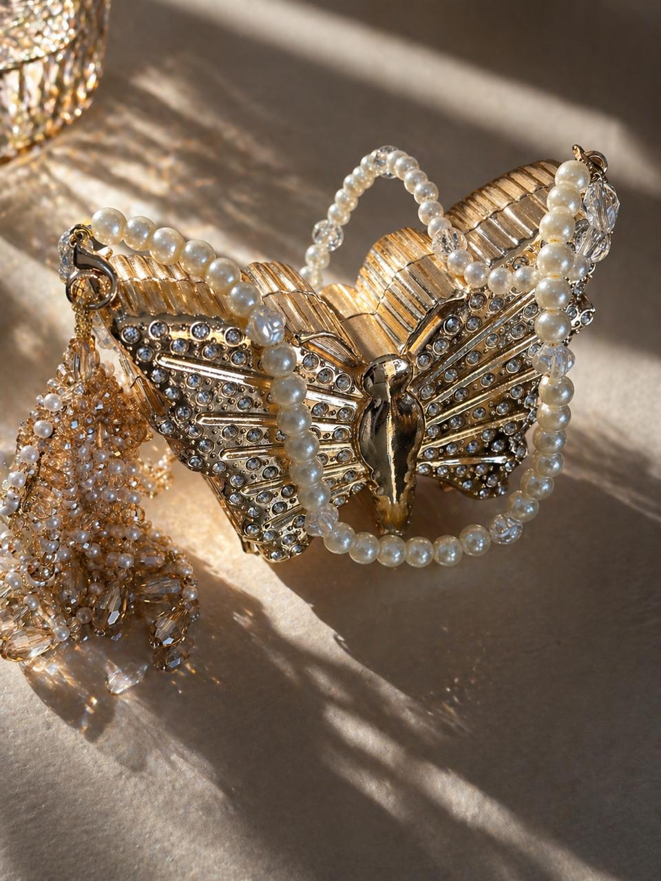 Celestia Luxe Butterfly Crystal Pearl Evening Clutch