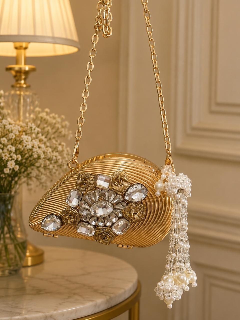 Aurora Royale Crystal Embellished Gold Evening Clutch Bag
