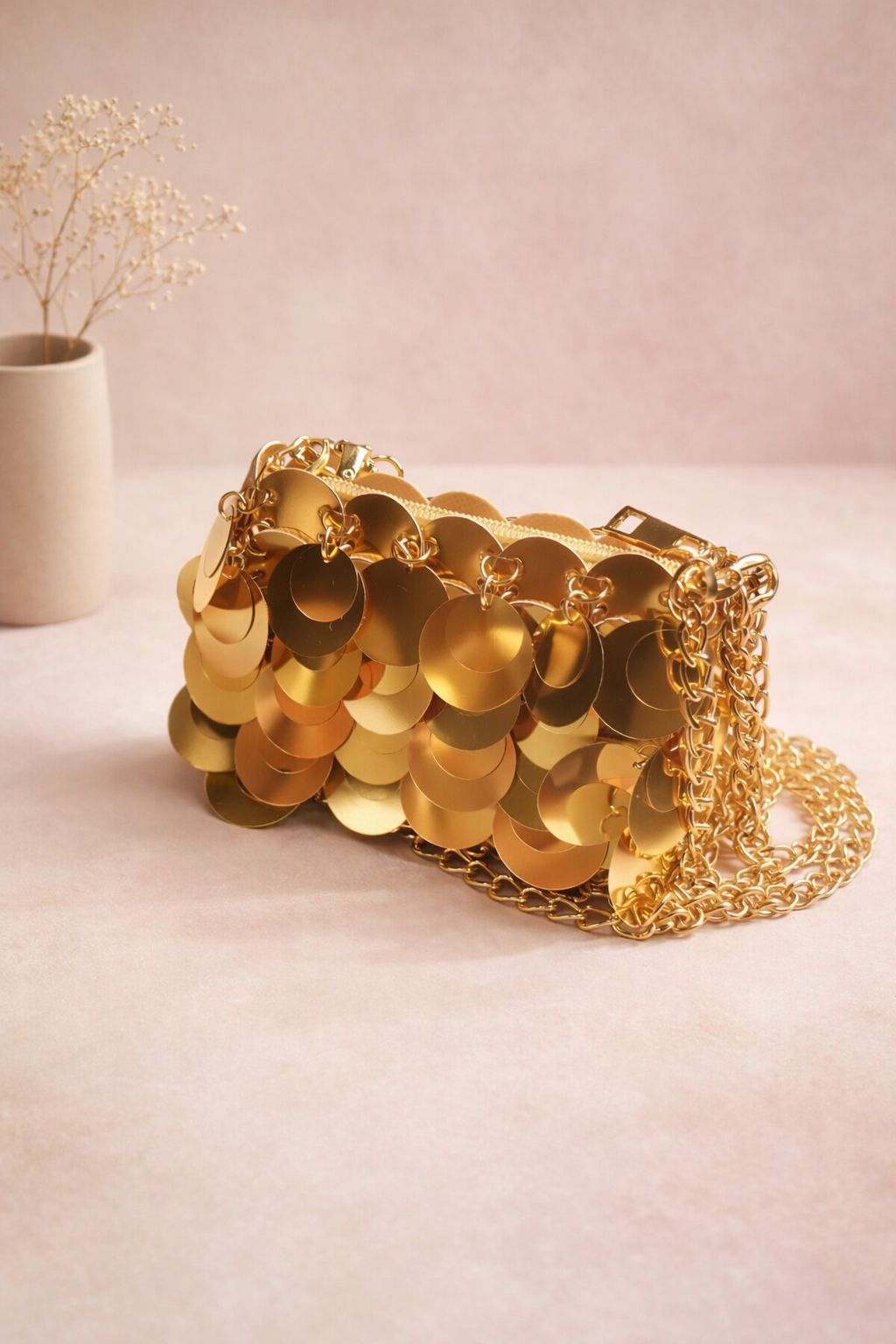 Golden Cascade Sequin Shoulder Clutch