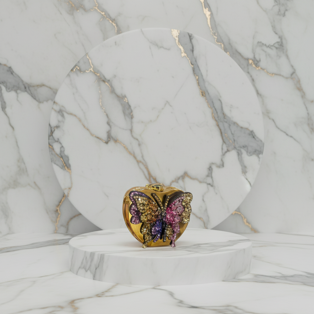 Butterfly Crystal Clutch on White Marble Background